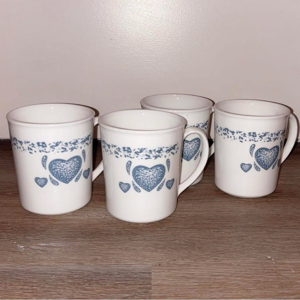 Corningware White Mugs with Blue Heart Design
